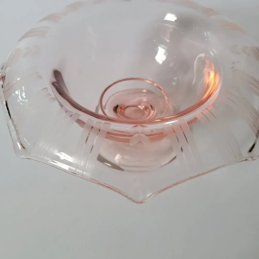 Vintage Pink Depression Glass Etched Rim Pedestal Compote Bowl‎